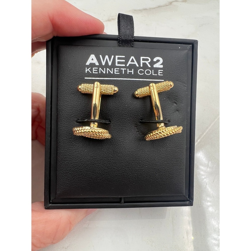 AWEAR2 Kenneth Cole Cufflinks Men's Gold Tone White Inlay Rope Border Round NIB